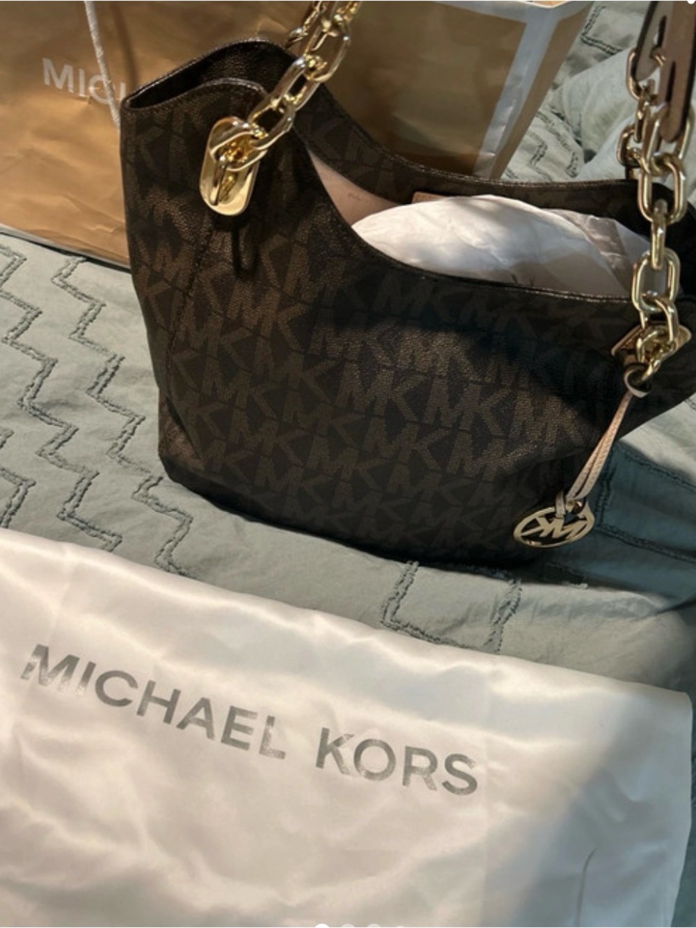 Michael Kors Dark Brown Logo Shoulder Bag with Gold Chain